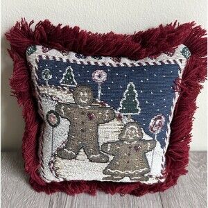 Christmas Tapestry Needlepoint Throw Pillow Gingerbread Red 8” Square Fringe